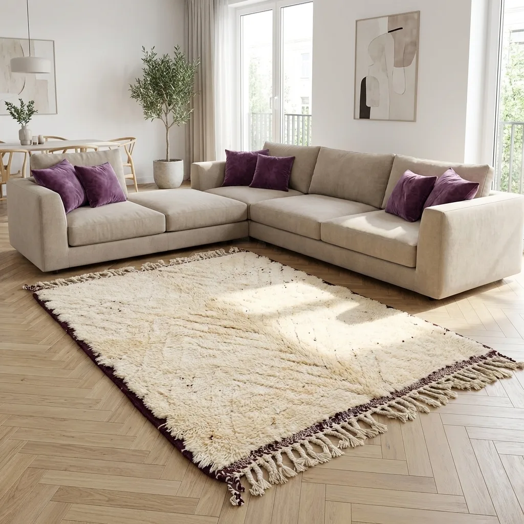 Tapis berbère Beni Ouarain — Brume d'Aubergine en situation