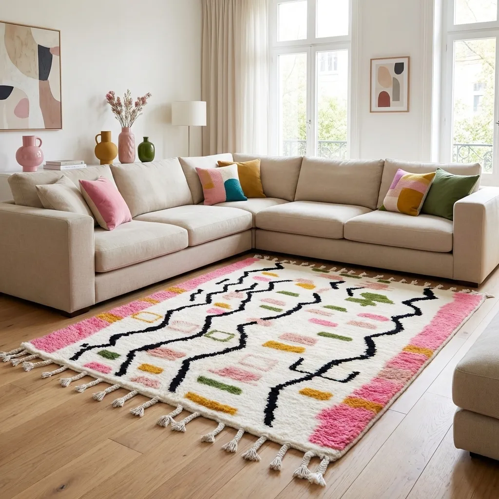 Tapis berbère coloré Azilal — Jardins Rose et Vert en situation